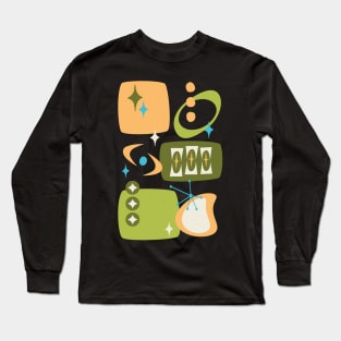 Atomic Age, Mid Century Abstract 19 in Green, Orange, Light Blue Long Sleeve T-Shirt